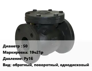 Клапан чугунный 50 19ч21р Ру16 обратный, поворотный, однодисковый